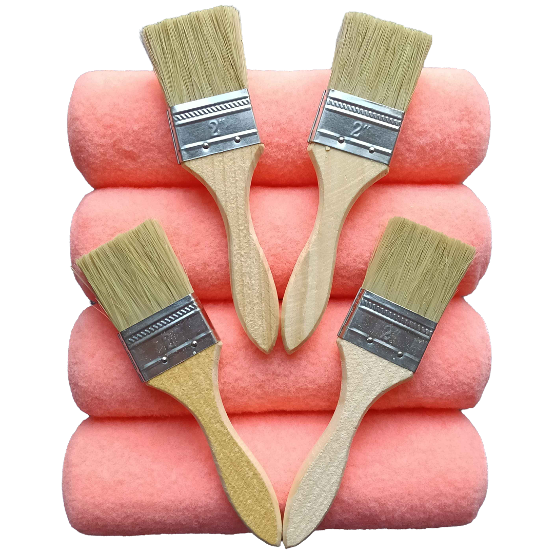 4 pack 230mm roller covers with 13mm nap and four 2 inch brushes for applying concrete sealers, coatings and paving sealers
