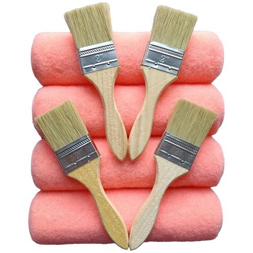 4 pack 230mm roller covers with 13mm nap and four 2 inch brushes for applying concrete sealers, coatings and paving sealers