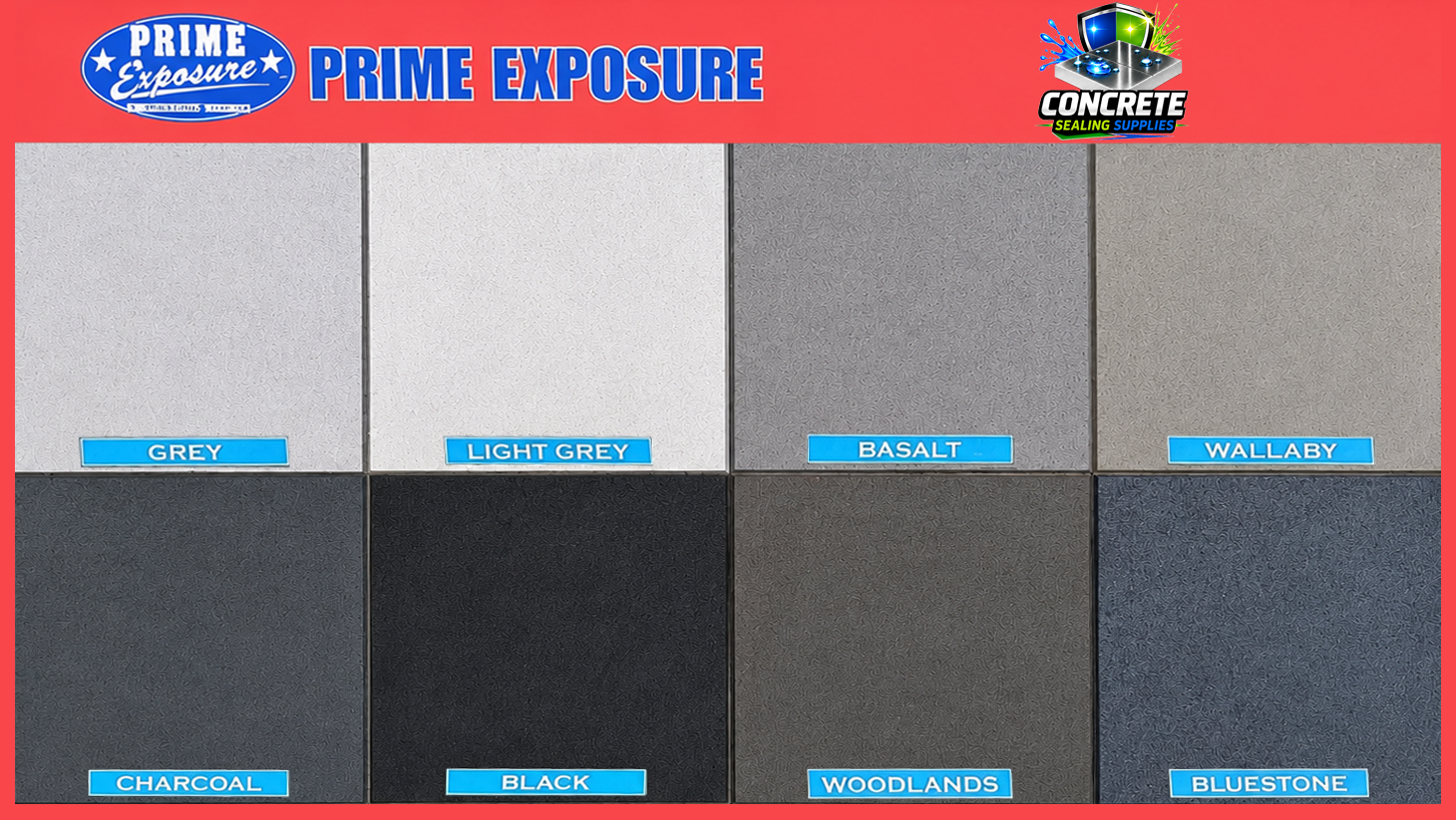 Prime Aqua colour chart displaying coloured concrete sealer options for decorative concrete resurfacing and sealing projects