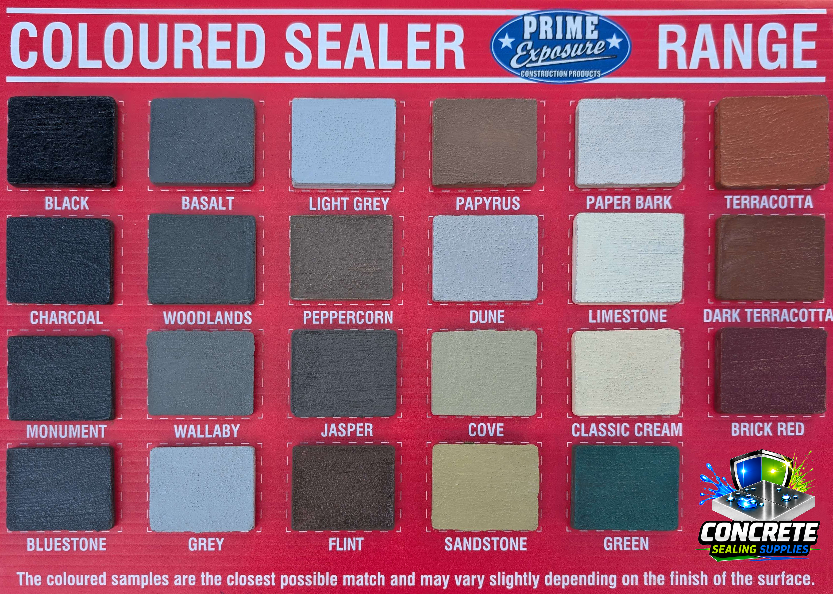 Prime colour chart displaying coloured concrete sealer shades for decorative concrete sealing and resurfacing projects