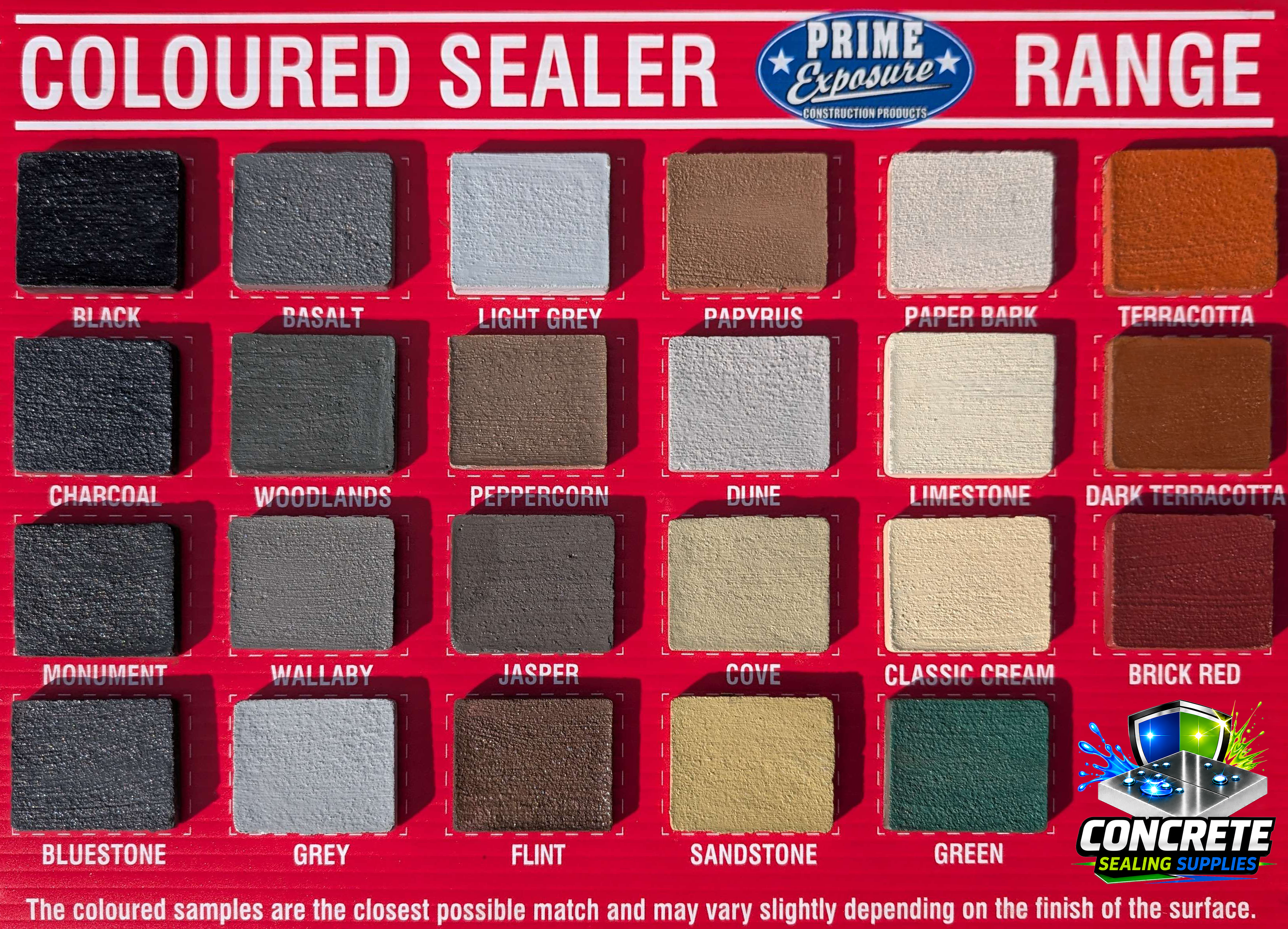 Prime colour chart showing coloured concrete sealer options for decorative concrete resurfacing and sealing projects